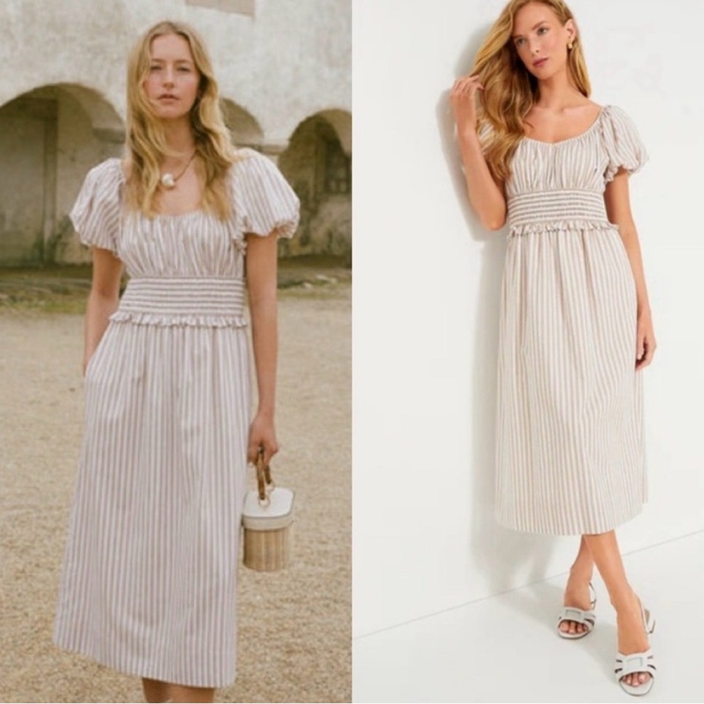 Pomander Place Tuckernuck Flynn Midi‎ Dress Size Small Smocked Puff Sleeve Tan